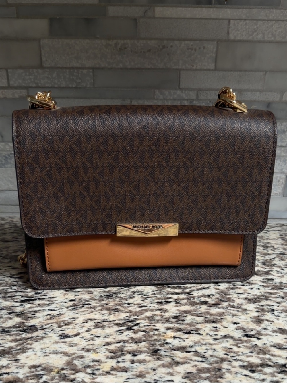 Michael Kors Brown & Tan Logo Crossbody with Gold Hardware